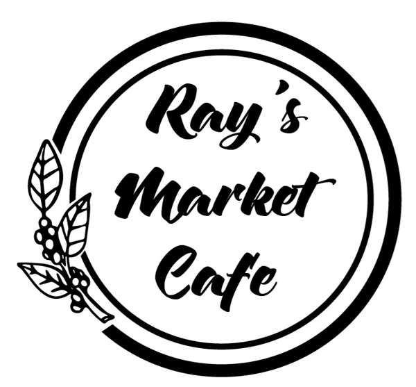 A black and white logo of ray 's market cafe.