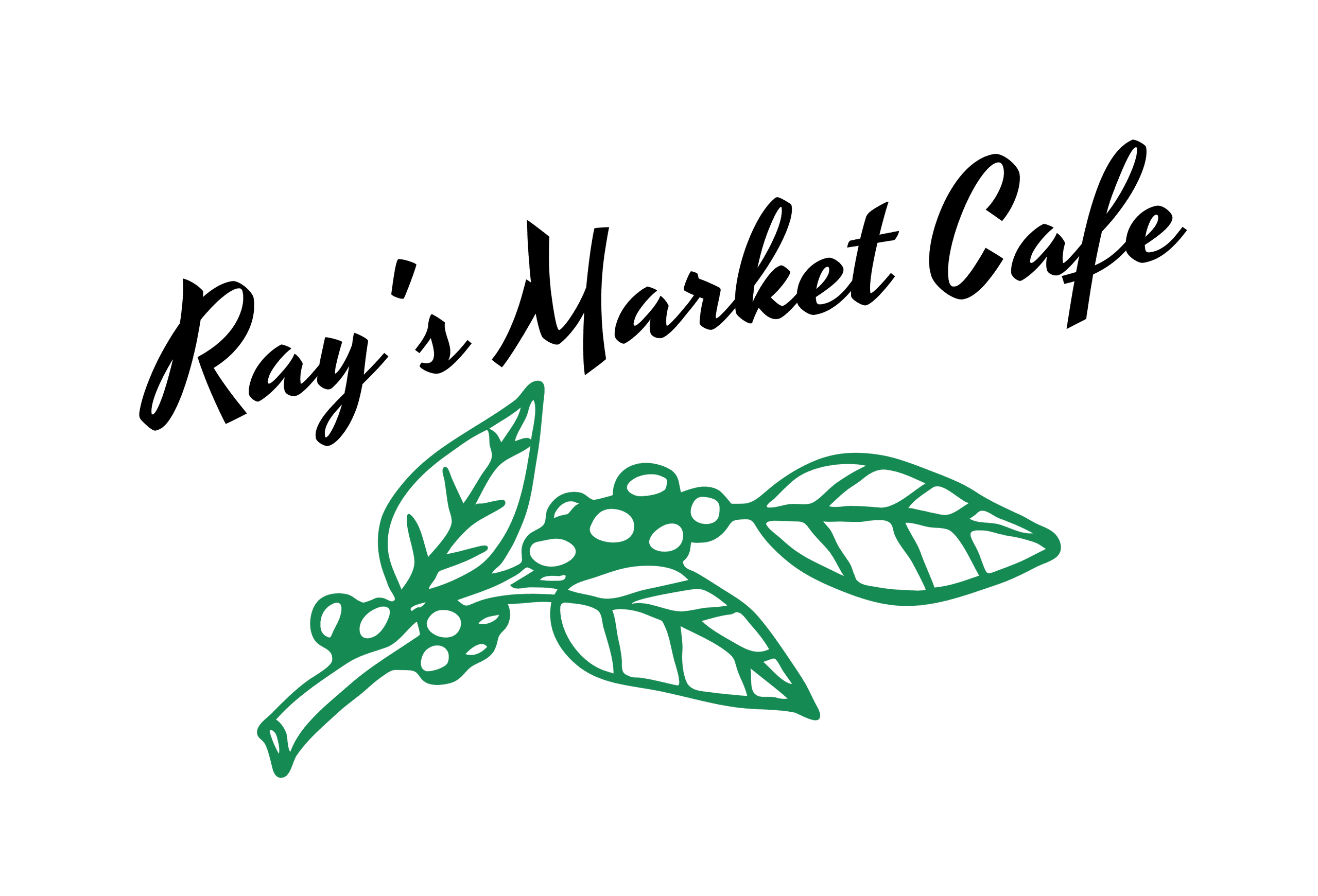 A green background with the words ray 's market cafe written in black.